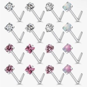 Surgical Steel L-Shaped Cubic Zirconia & Opal Nose Studs - Pink & White